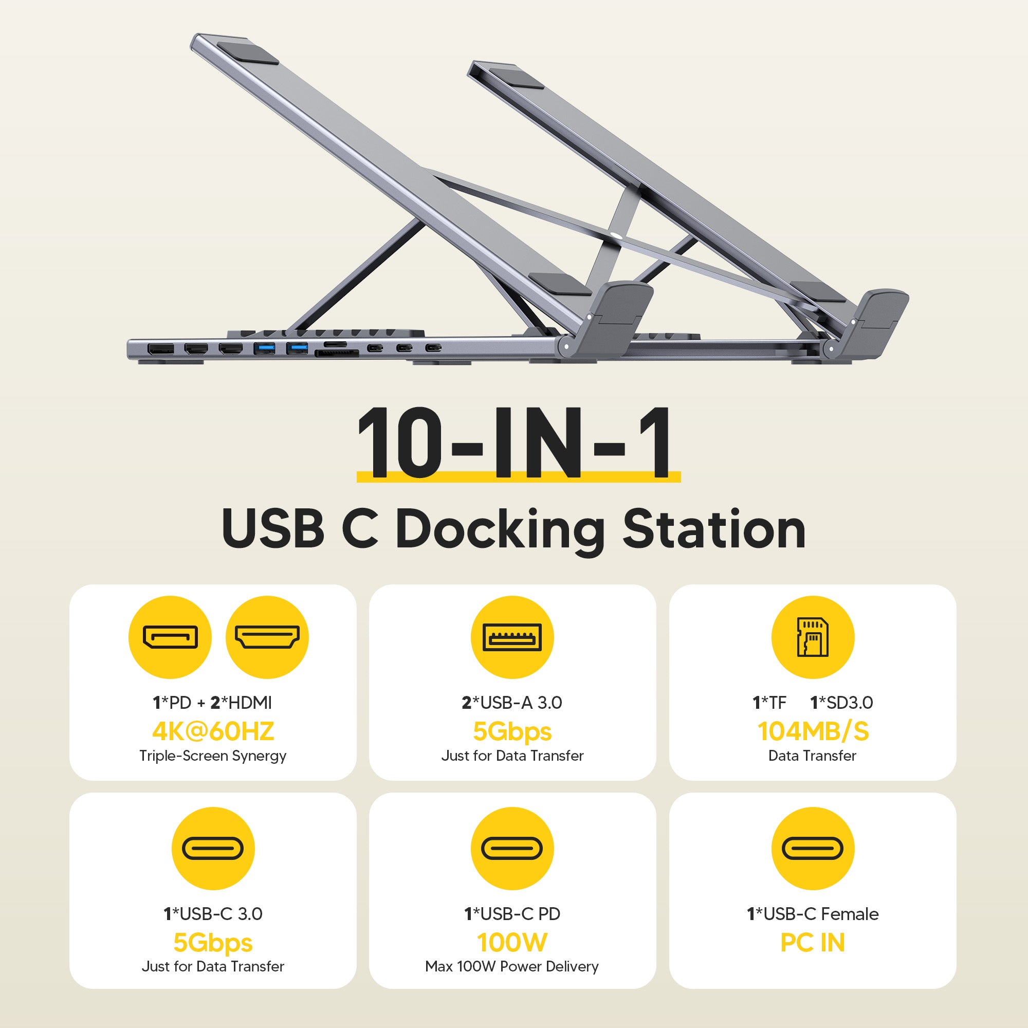 High-Performance 10-in-1 USB-C Hub Integrated into Mukiya Max Laptop Stand