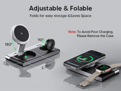 Ultra-Thin 0.55-inch Foldable 3-in-1 MagSafe Charger by Mukiya with 180 Degree Adjustable Phone Stand and 90 Degree Watch Charging Puck