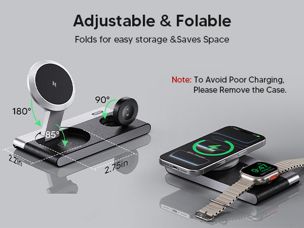 Ultra-Thin 0.55-inch Foldable 3-in-1 MagSafe Charger by Mukiya with 180 Degree Adjustable Phone Stand and 90 Degree Watch Charging Puck