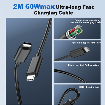 Durable 2-Meter Black USB-C to C Cable with Reinforced Connectors for Long-Distance Power