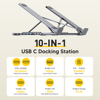 High-Performance 10-in-1 USB-C Hub Integrated into Mukiya Max Laptop Stand