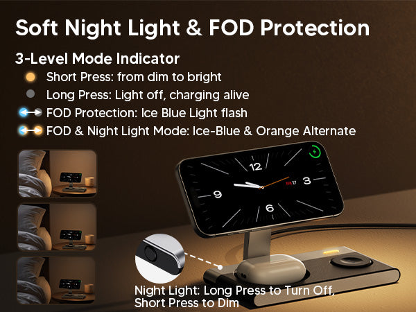 Bedside MagSafe Charging Stand with Soft Ambient Light Supporting iPhone Nightstand Mode