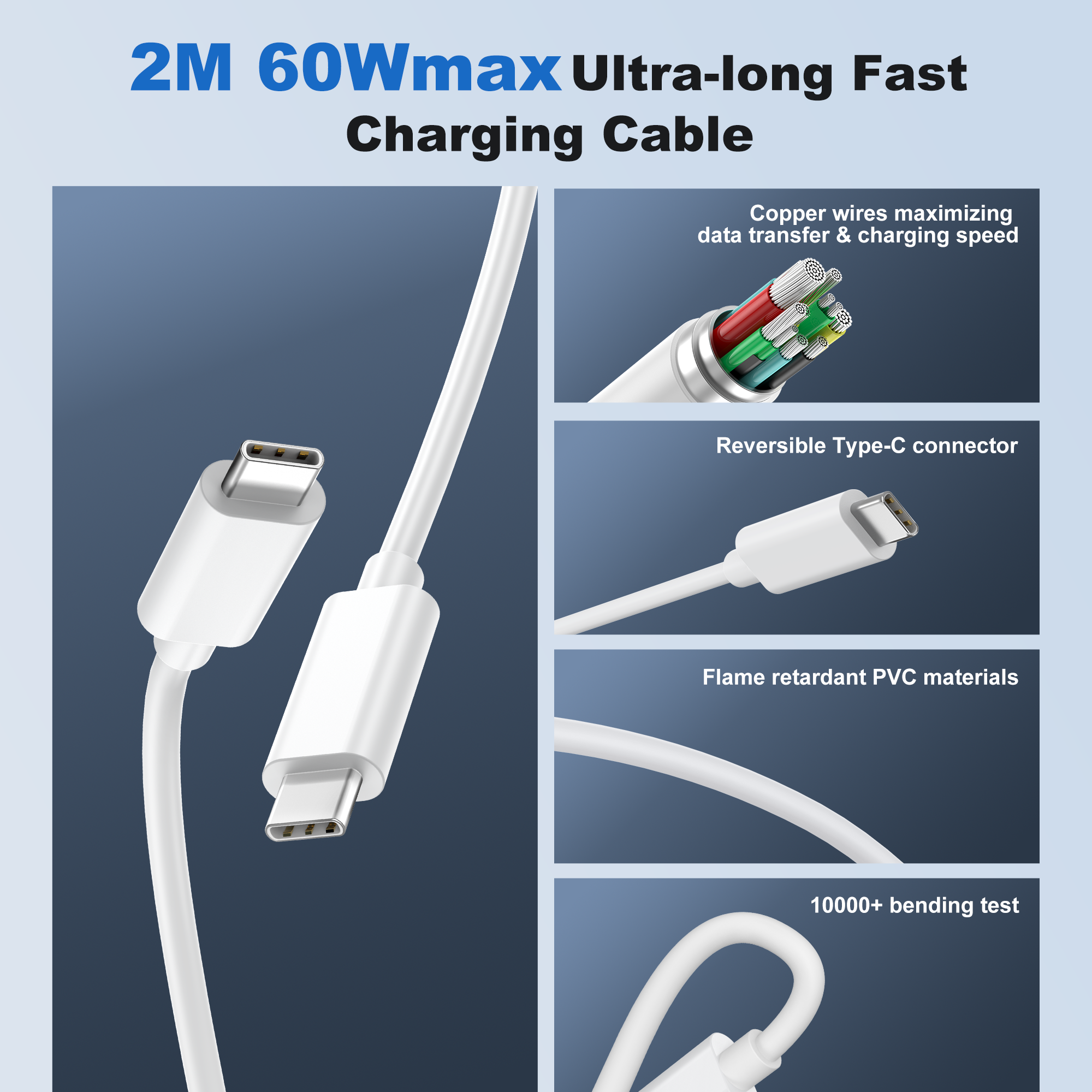 Premium 6.6ft White USB-C Charging Lead for Convenient Use on Couch, Bedside, or Office
